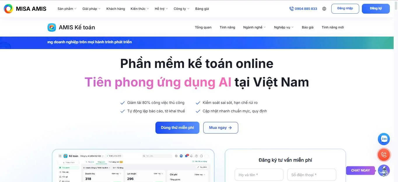 Giao diện giới thiệu MISA AMIS Kế toán và các lợi ích tự động hóa
